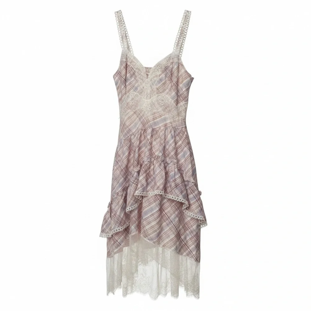 Anthropologie The Bobbi Plaid Lace-Trim Ruffle Midi Dress in White & Brown Large - Picture 4 of 7